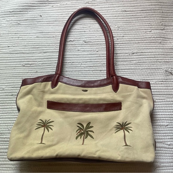 Scala Handbags - SCALA Tan Canvas Palm Tree Travel Tote | Leather Trim | Large Overnight Bag